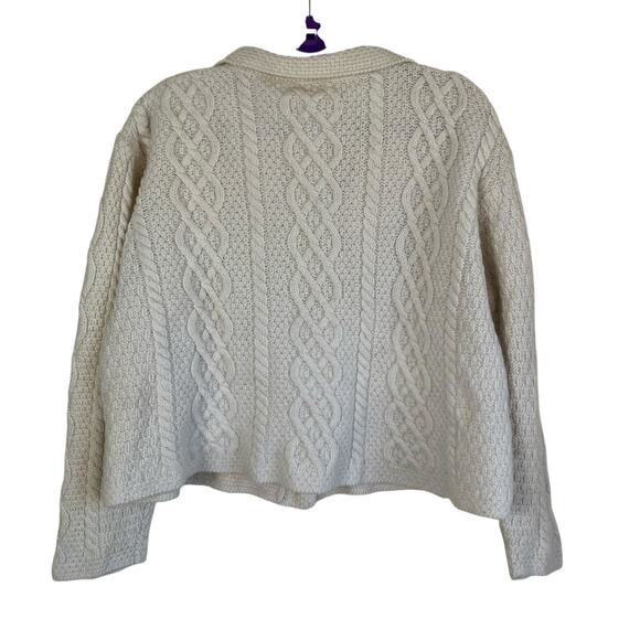 Paul James Sz L 100% Wool Chunky Cable Knit Cardigan Cream Fisherman Shrunken - Picture 4 of 16